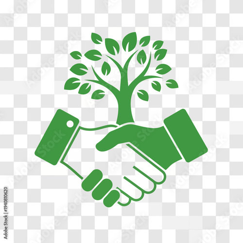 Symbol of environmental partnership and ecological agreement represented by a handshake and a growing tree