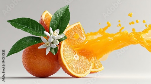 Fresh oranges with green leaves and orange juice splash, showcasing vibrant color contrast against a light gray background for food and beverage imagery