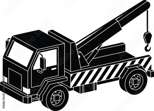 Isometric vector side view tow truck with extended crane hook striped bed high contrast black and white illustration technical icon