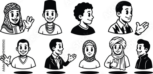 Line art diverse avatar headshots smiling and waving set of multicultural people in friendly flat vector black and white style