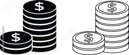 Black and white dollar coins stack isolated on transparent background, Vector