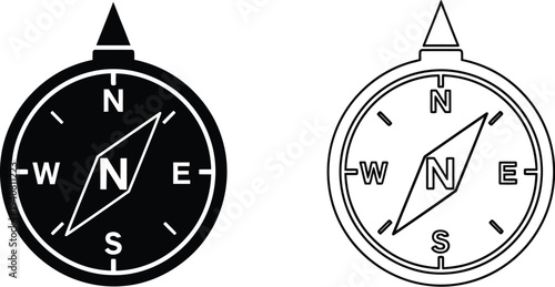 Compass navigation symbols black and white isolated on transparent background, Vector