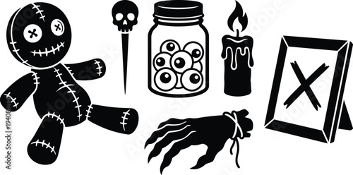 Flat design voodoo doll with stitched eyes pinned by skull nail jar of eyeballs dripping candle bound hand frame halloween