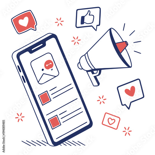 Social Media Marketing and Digital Promotion with Smartphone Megaphone and Engagement Icons Illustration