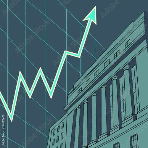 Financial Institution Building with Rising Green Line Graph Representing Economic Growth and Stability