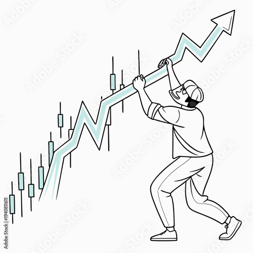 Trader Pushing Up Stock Market Green Line Graph with Candlestick Chart Background Vector