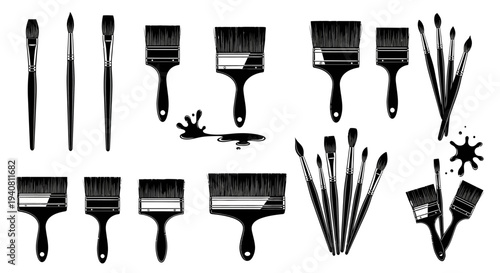 Collection of Paint Brushes and Splatters - Artistic Tools and Creative Mess