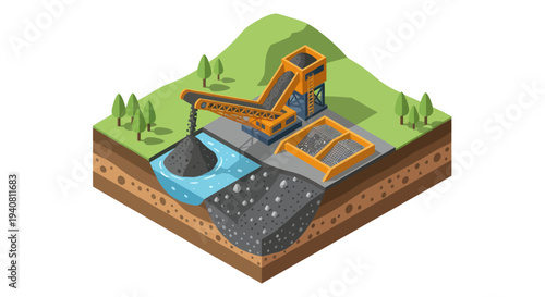 Isometric illustration of a coal mining operation, showing extraction, processing, and storage of coal.