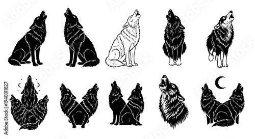 Collection of Howling Wolves Silhouettes - Vector Graphics