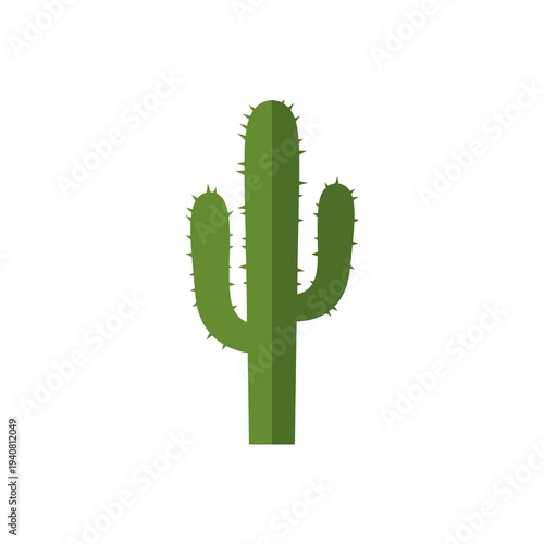 Flat green cactus illustration with spiky arms and a white background