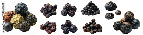 Watercolor set of dried black peppercorns stems, spices, and seasoning, isolated on transparent background