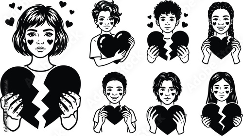 Line art vector set of diverse people holding whole and broken hearts close up expressions caring heartbroken valentines day