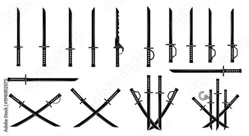 Collection of Katana Swords Silhouette Icons Vector Set