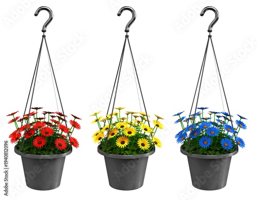 Three hanging baskets of colorful flowers, each a different shade