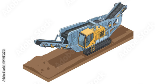 An isometric illustration of a mobile crushing machine with tracks, positioned over a trench in the ground, ready for operation.