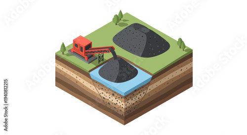 Isometric illustration of a coal mining operation with a conveyor belt depositing coal into a body of water.