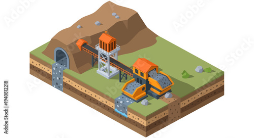 Isometric illustration of a coal mine with a tunnel, conveyor belt, and processing plant, showing underground extraction and surface operations.