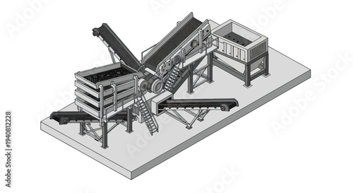 Industrial shredder and conveyor system for waste processing and material handling.
