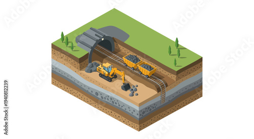 Isometric illustration of an underground coal mine with an excavator loading coal into mine carts on a railway track.