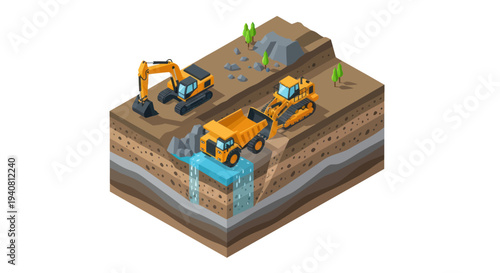 Isometric illustration showcasing heavy machinery, including an excavator, dump truck, and bulldozer, engaged in excavation and earthmoving operations on a layered geological site.
