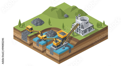 Isometric illustration depicting the process of coal mining and its transportation to a power plant for electricity generation.