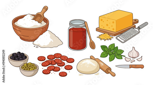 Assorted ingredients for Italian cuisine preparation on a clean surface viewed from directly above