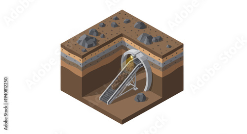 Isometric illustration of a tunnel boring machine (TBM) excavating a tunnel underground, showing cross-section of soil layers and rock formations.
