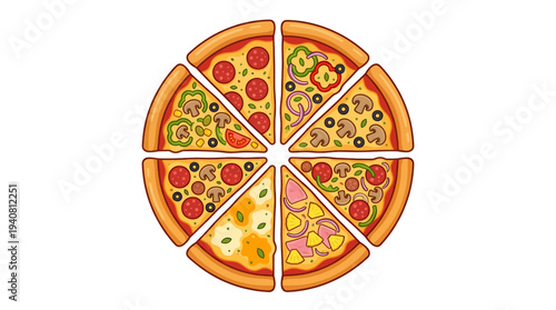 Assorted pizza ingredients arranged in a circular pattern on a white background viewed from directly above