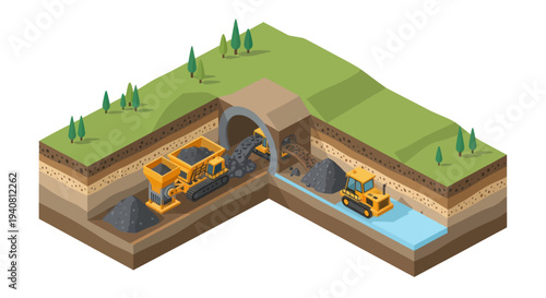 Illustration of tunnel boring machine and excavation equipment constructing an underground tunnel through layers of earth and rock.
