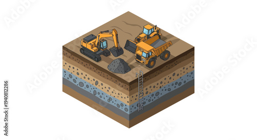 Isometric illustration of construction site with excavator, dump truck, and layered soil strata, depicting excavation and material transport.