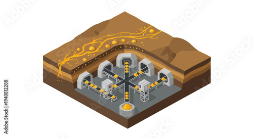 Isometric illustration of an underground gold mining operation with tunnels, machinery, and extracted ore.