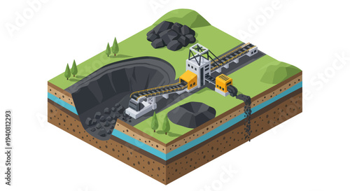 Isometric illustration depicting the process of open-pit coal mining, showing excavation, transportation, and processing of coal.
