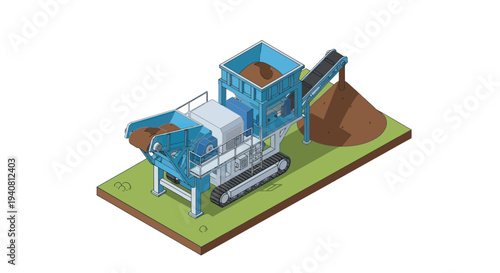 Isometric illustration of a mobile crushing machine processing soil and creating a pile of processed material on a green platform.