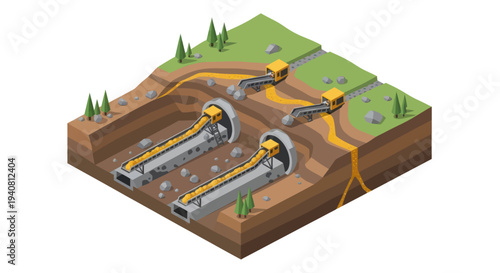 Isometric illustration depicting the process of tunnel boring machines excavating underground passages for infrastructure development.