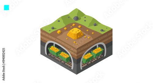 Isometric cross-section of an underground gold mine with carts full of gold and a large gold nugget on the surface.