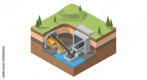 Isometric illustration of an underground mining operation with a conveyor belt system and processing equipment.