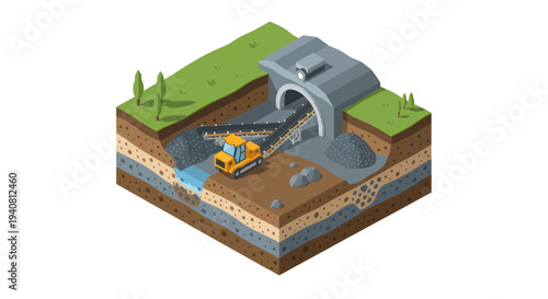 Isometric illustration of a construction site showing a bulldozer excavating soil and rocks near a tunnel entrance with a conveyor belt system.