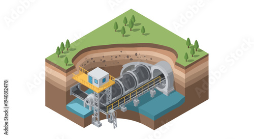 Isometric illustration showcasing a tunnel boring machine (TBM) in operation, excavating underground and constructing a tunnel beneath a green landscape with trees and layered soil strata.