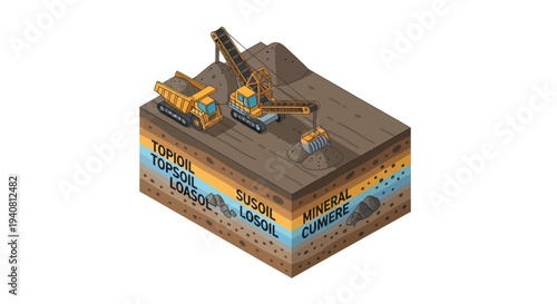Isometric illustration showing heavy machinery excavating soil layers, including topsoil, subsoil, and mineral deposits, for industrial purposes.