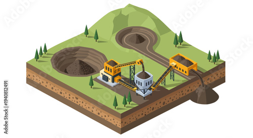 Isometric illustration of an open-pit mine with heavy machinery, showing excavation, processing, and material transport.