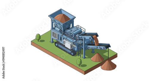 Isometric illustration of a mobile crushing machine processing aggregate on a grassy field with piles of processed material.