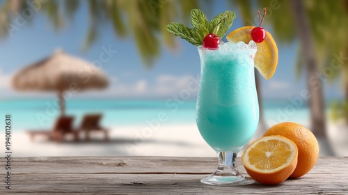 Blue tropical cocktail garnished with mint, cherry, and orange slice on wooden table, beach umbrella and sun loungers visible in the blurred background
