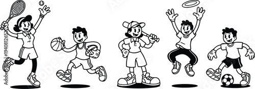 Retro cartoon 90s lineup of five kids playing tennis basketball baseball frisbee and soccer in playful vector black and white