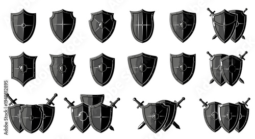 Collection of Medieval Shields and Swords Icons, Vector Set