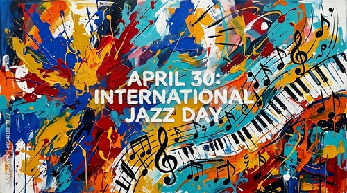 A vibrant abstract painting celebrating International Jazz Day on April 30 with colorful musical notes and piano keys