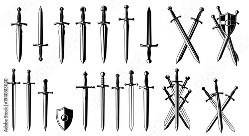 Collection of Medieval Swords and Shields Vector Illustrations