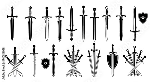 Collection of Medieval Swords and Shields, Black and White Vector Illustrations