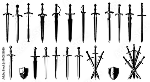 Collection of Medieval Swords and Shields, Vintage Weapon Illustrations