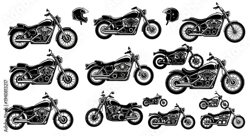 Collection of Motorcycle Silhouettes and Helmets, Vintage and Modern Styles
