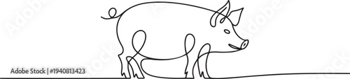 Pig one line continuous drawing. Piggy silhouette. Farm animal continuous one line illustration, A minimalist line art illustration of a pig. one line Icon drawing
